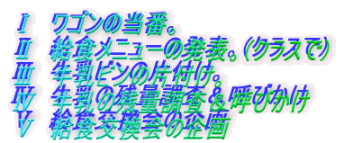 �T�@���S���̓��ԁB �U�@���H���j���[�̔��\�B(�N���X��) �V�@�����r���̕Еt���B �W�@�����̎c�ʒ������Ăт��� �X�@���H������̊�� 